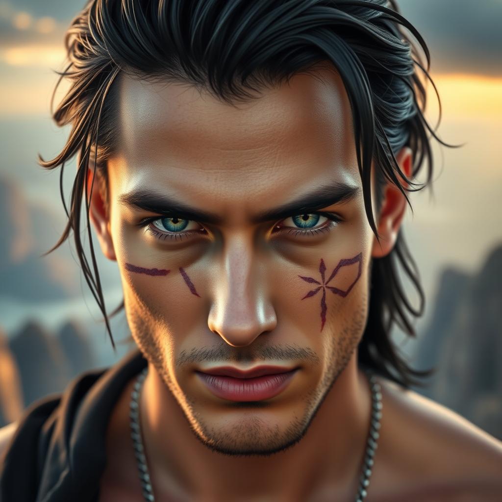 A beautiful man with black hair and striking green eyes, featuring unique scars on his face that add character, resembling a god of beauty