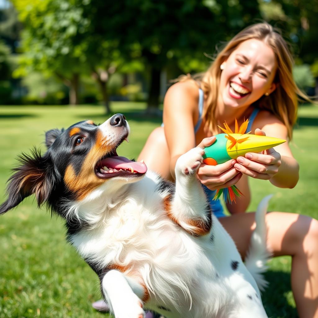 A dynamic scene depicting a playful dog trying to bite a colorful toy held by a cheerful person