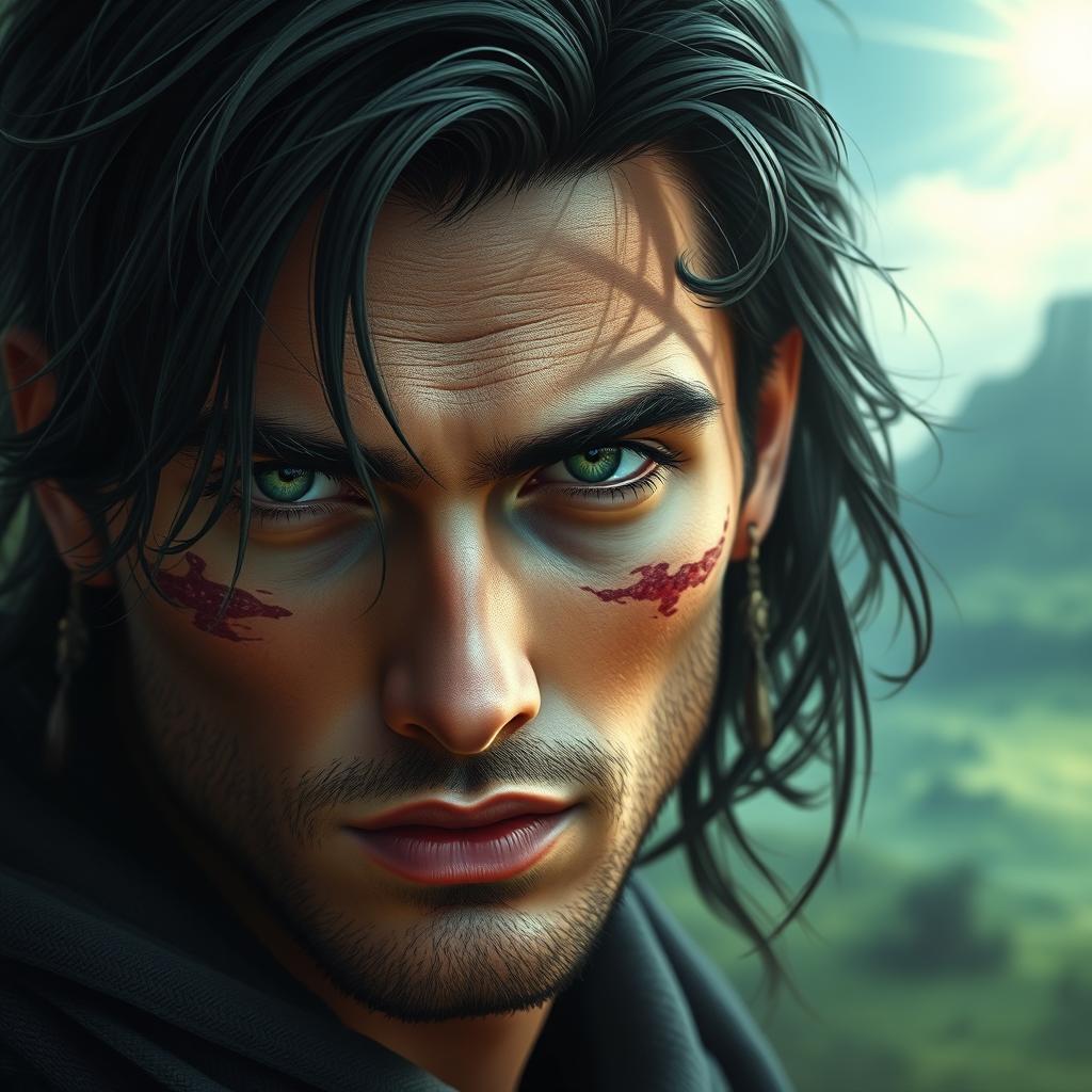 A handsome man with black hair and striking green eyes, featuring scars on his face that enhance his rugged charm