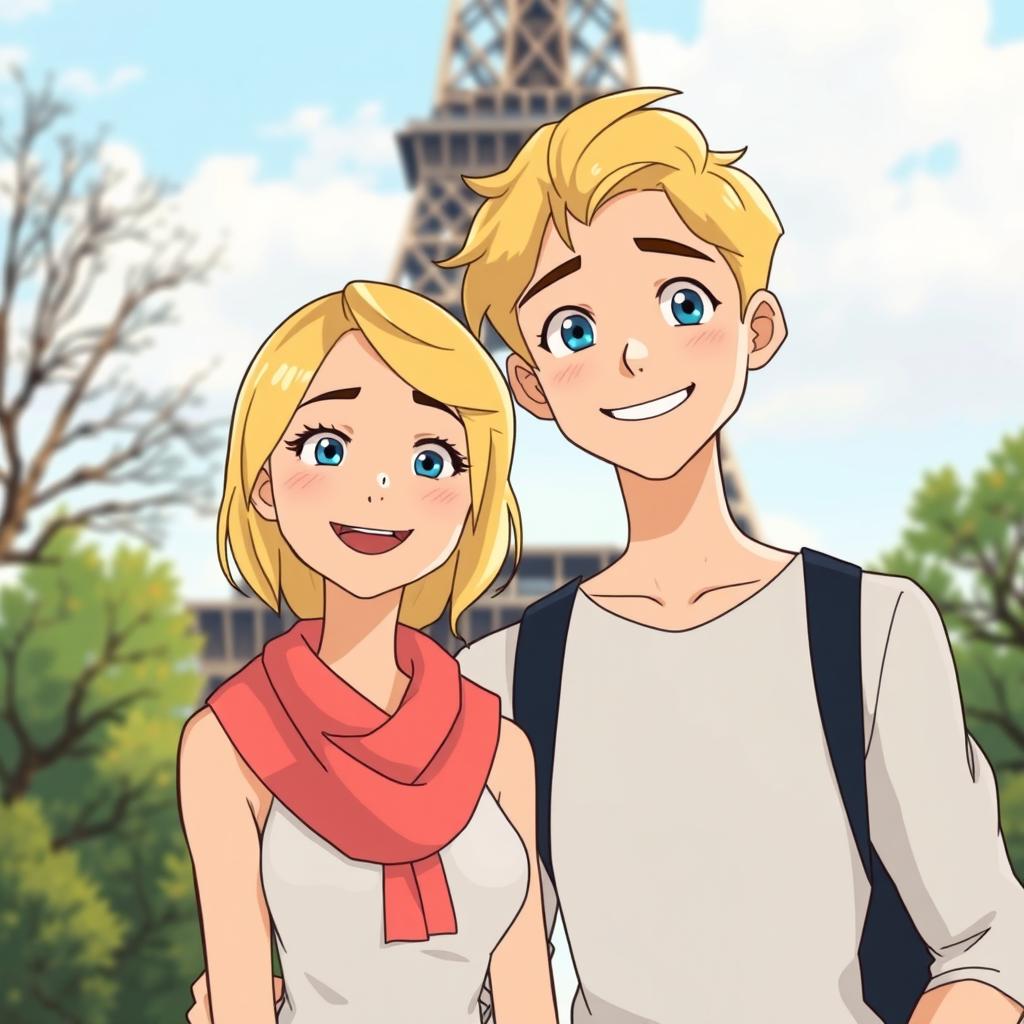 A cheerful scene featuring a man and a woman standing together with smiles on their faces