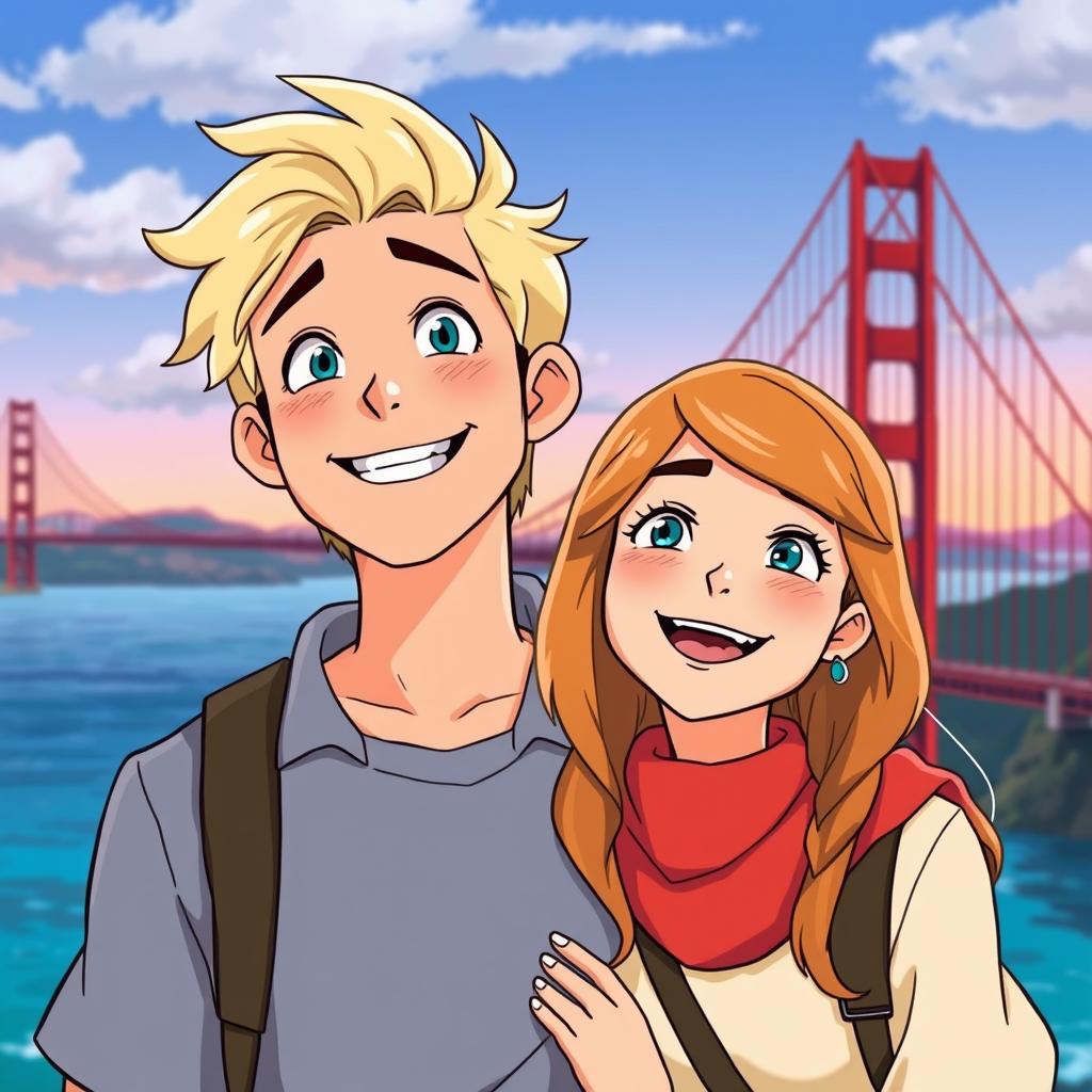 A man with blond hair and blue eyes, smiling joyfully, standing beside a woman who also has blond hair and blue eyes, sharing a bright smile