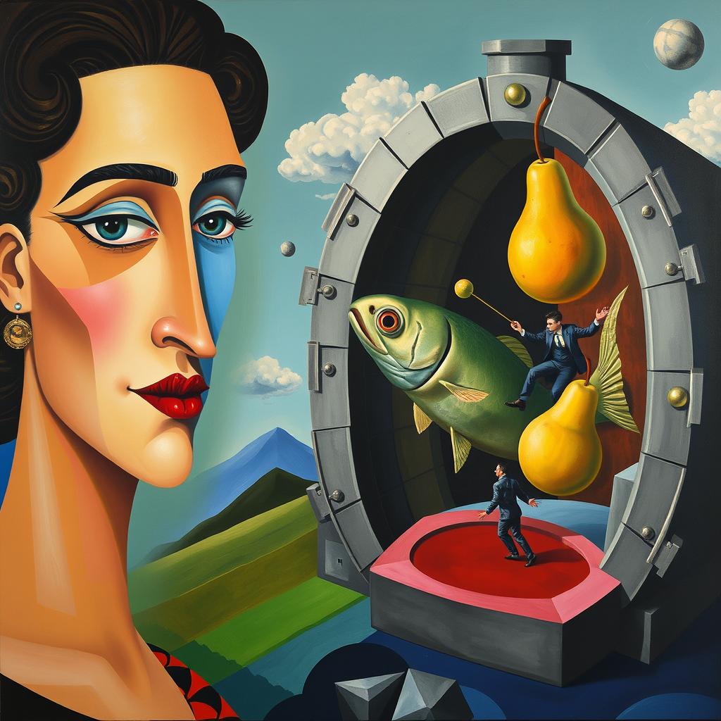 A woman painted in the style of Picasso, with abstract features and geometric shapes, alongside a surreal image of a fish emerging from a vault