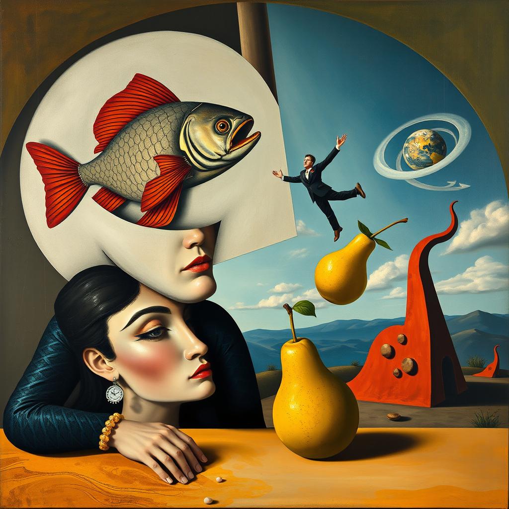A surreal scene featuring a woman painted in the style of Picasso, with bold colors and abstract shapes