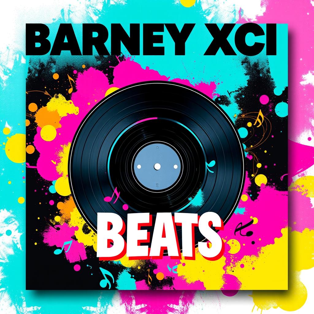 An album cover design featuring a classic black vinyl record at the center, with vibrant colors emanating from the vinyl