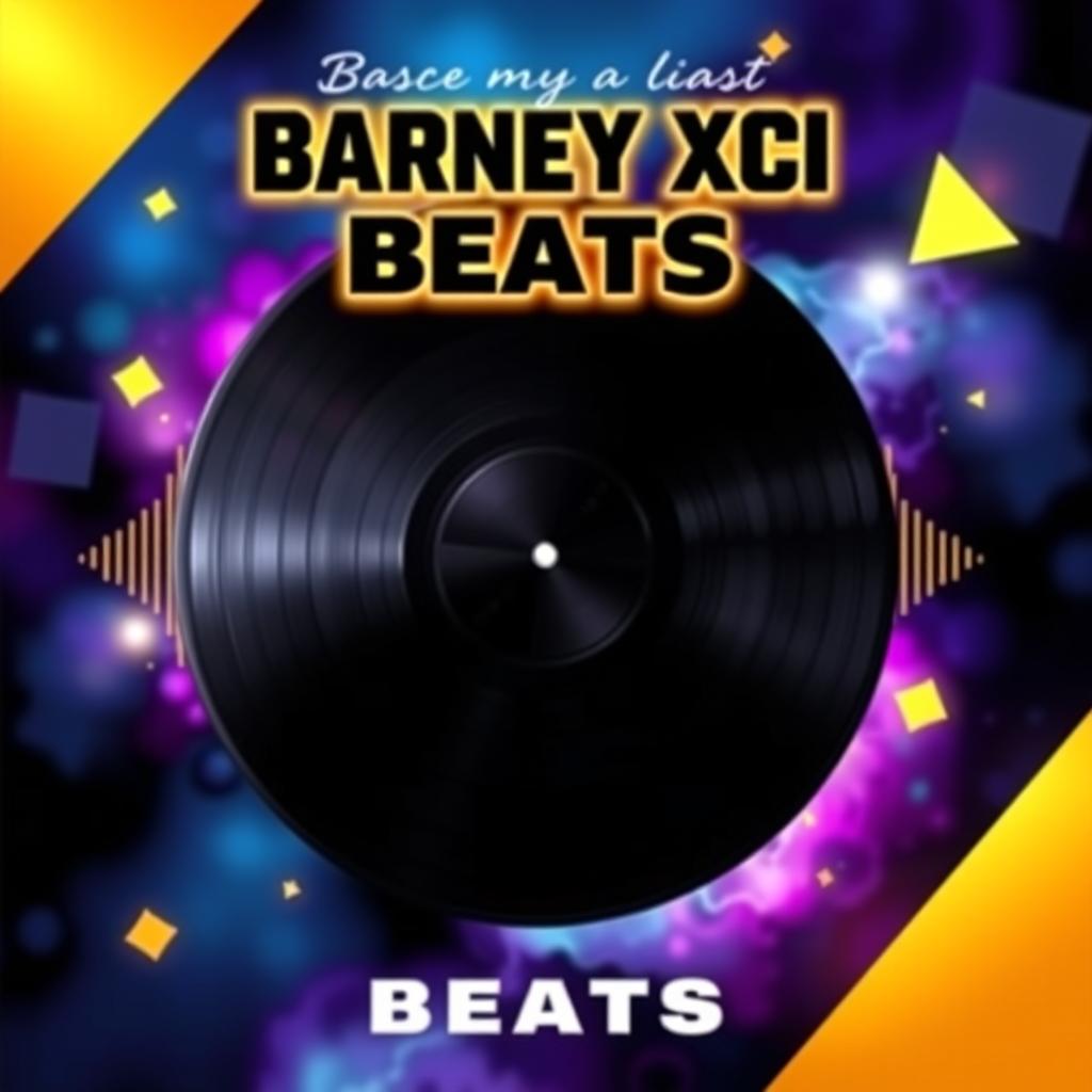 An album cover design featuring a sleek black vinyl record prominently positioned in the center