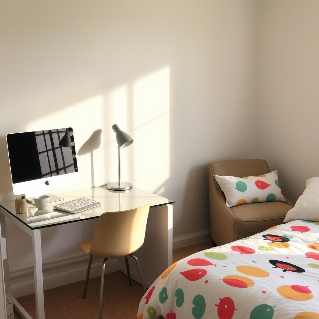 A cozy and inviting bedroom scene featuring a clear, tidy desk with a sleek computer and a stylish lamp placed on it