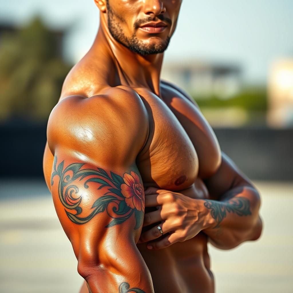 A portrait of a muscular man with an athletic build, showcasing a detailed tattoo on his arm that is intricate and full of vibrant colors