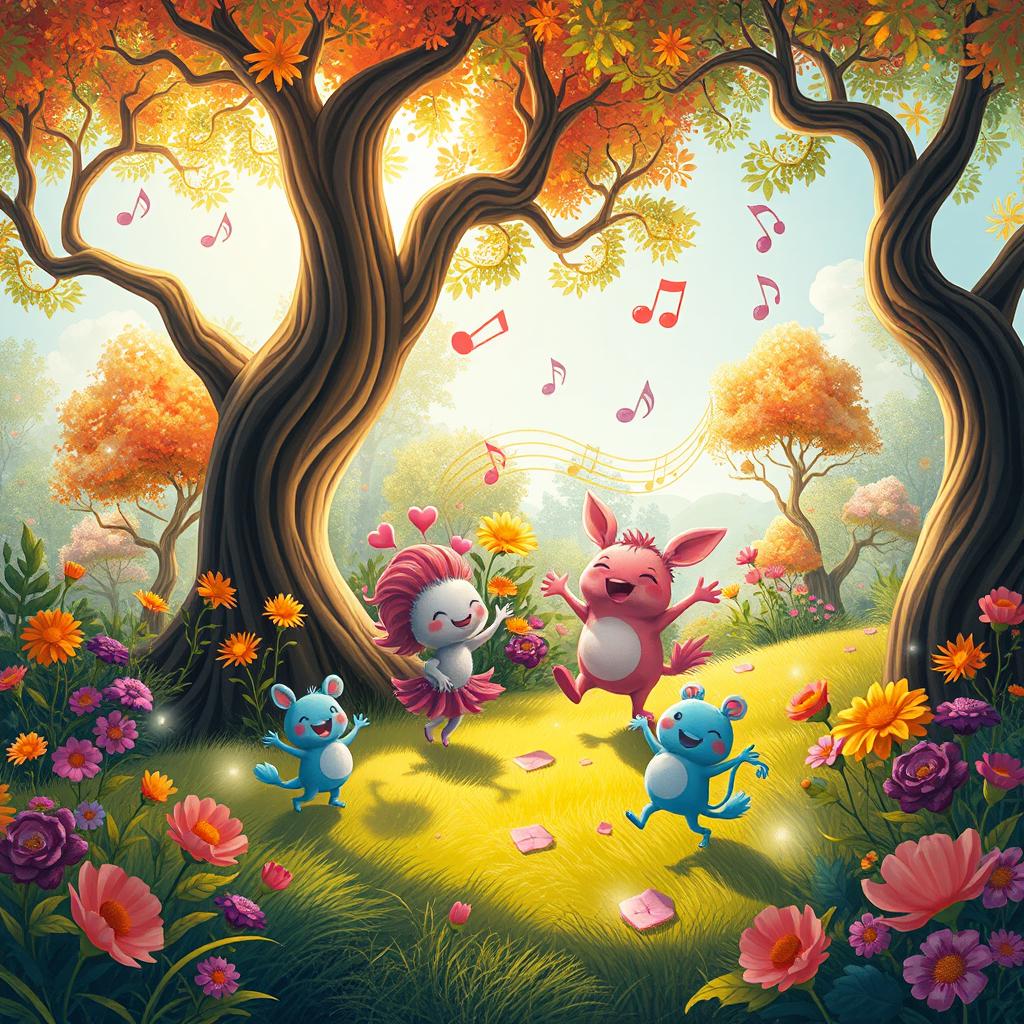 A whimsical and vibrant scene capturing the essence of joy and whimsy, featuring playful creatures dancing around a magical forest filled with colorful flowers and sparkling lights