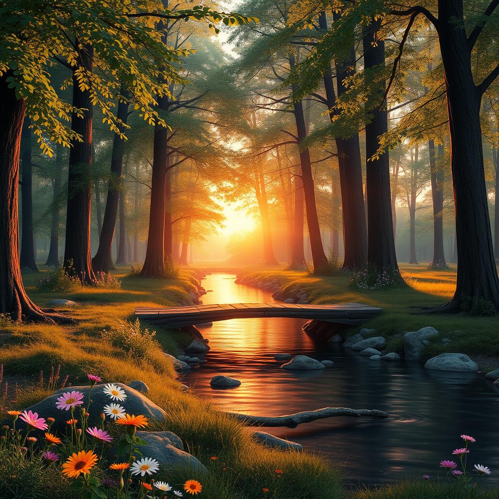 A beautifully detailed concept image of a serene forest landscape at sunset