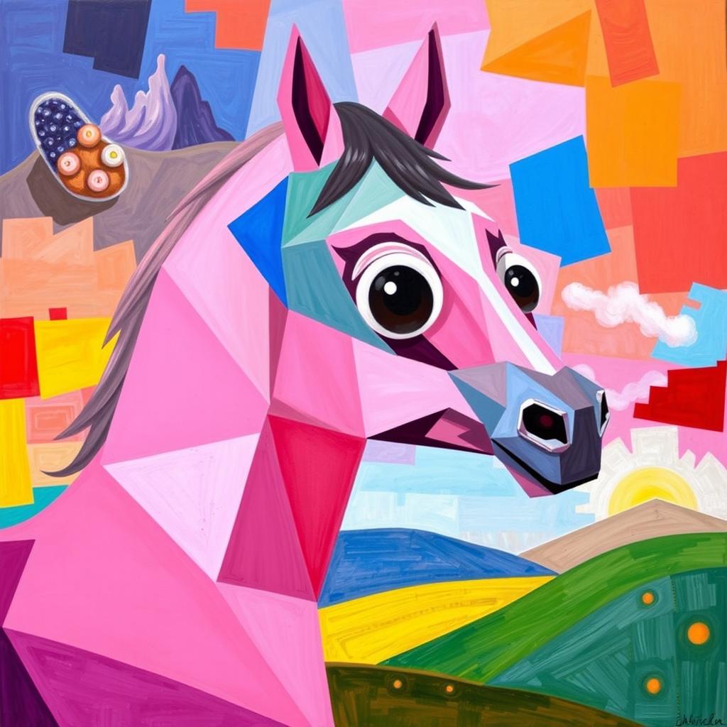 A surrealist art piece inspired by Picasso, depicting a cubic horse painted in shades of pink with abstract and fragmented geometric shapes