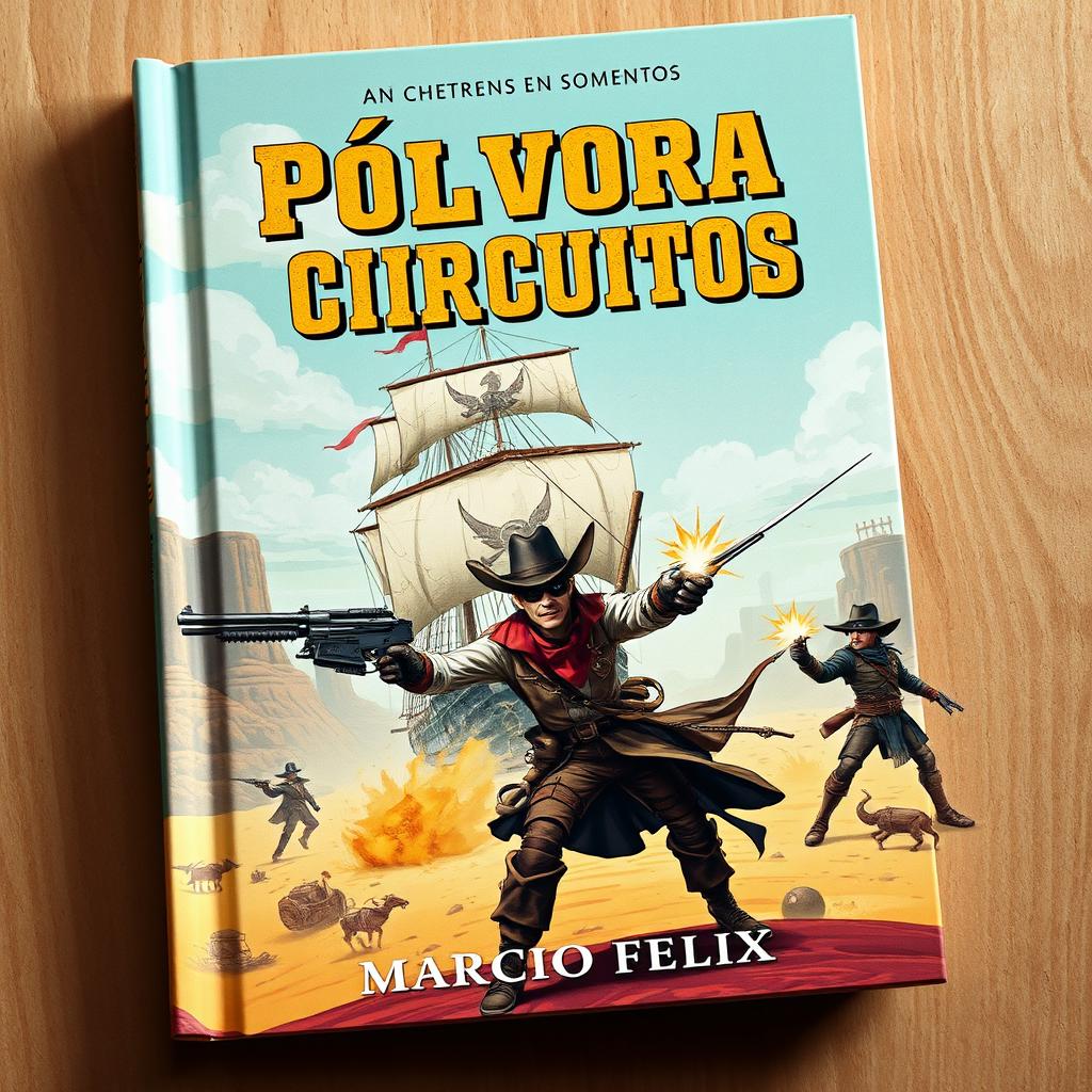 A captivating and dynamic book cover for 'Pólvora e Circuitos', blending elements of a wild west frontier with pirate themes and cyberpunk aesthetics