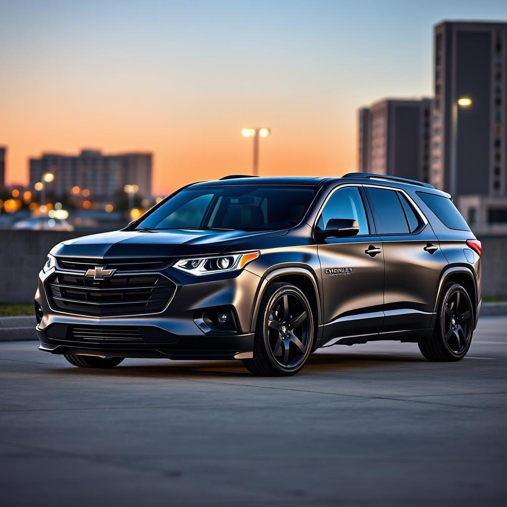A sleek 2019 Chevy Traverse wrapped in satin black, showcasing an aggressive sporty look