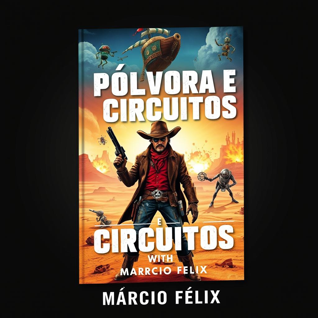 A striking and imaginative book cover for 'Pólvora e Circuitos', showcasing a unique blend of wild west, piracy, and cyberpunk themes with a touch of dark humor