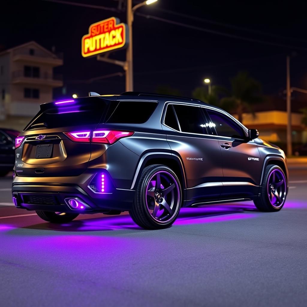 A sleek 2019 Traverse in a satin black finish, featuring striking purple accents and LED lights glowing in purple