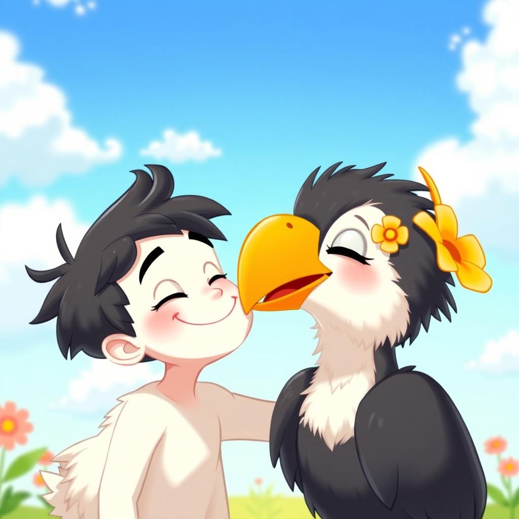 A whimsical cartoon scene featuring a cheerful white boy with black hair affectionately kissing an adorable dodo bird, which has a cute flower adorning its head