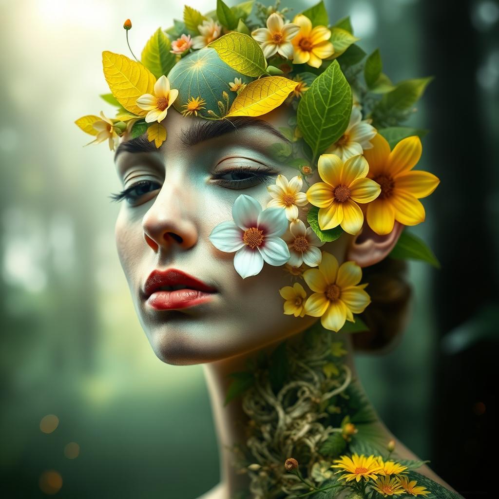 A surreal and artistic transformation of a portrait photograph, where the face shows abstract features that blend elements of nature, like leaves and flowers incorporated into the facial structure