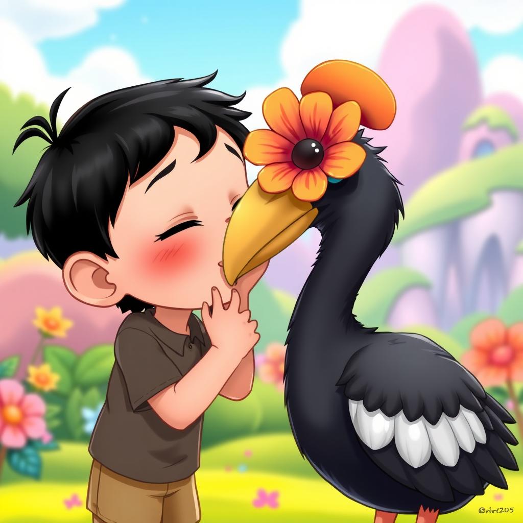 A charming cartoon scene depicting a young boy with black hair gently kissing a cute dodo bird, which has a vibrant flower adorning its head