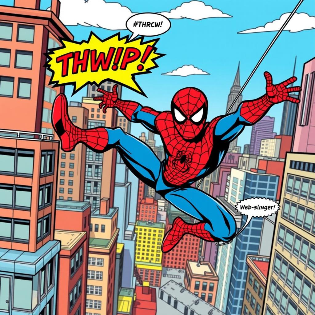 A vibrant and dynamic illustration in the classic 1960s comic book style featuring a superhero resembling Spiderman, swinging through a bustling city skyline