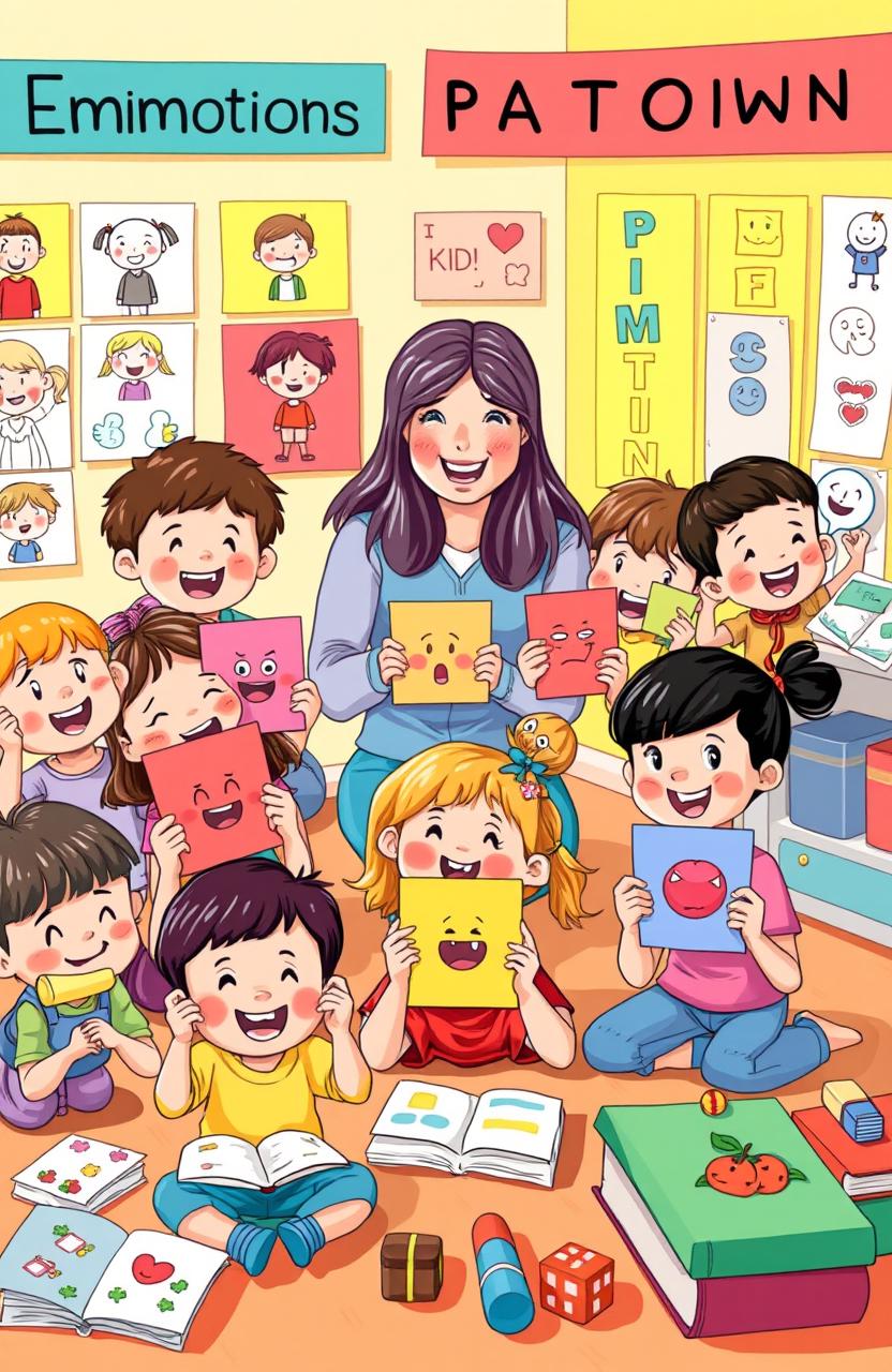 A colorful and engaging illustration depicting children learning about emotions in a playful classroom setting, featuring a diverse group of children expressing various emotions like happiness, sadness, anger, surprise, and fear