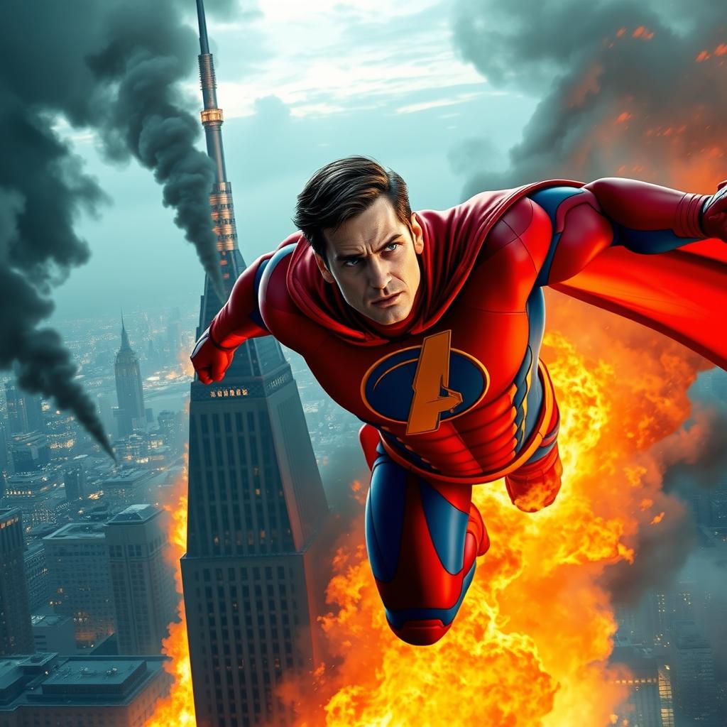 A dramatic scene featuring Invincible, a superhero in a vibrant red and blue costume with a bold logo on his chest, flying through the sky