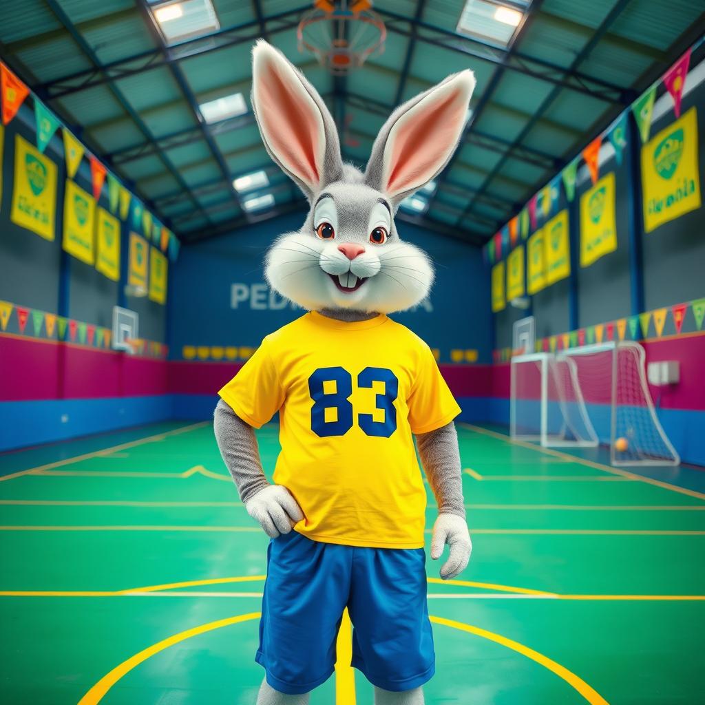 A realistic photo montage of the Easter Bunny wearing a bright yellow t-shirt and blue shorts with the number 83 printed on the shirt, standing proudly inside the Pedra Mourinha futsal pavilion