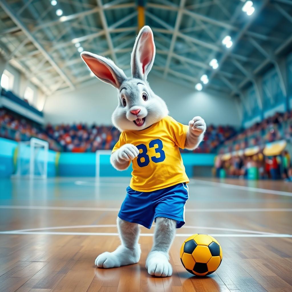 A realistic photo montage of the Easter Bunny wearing a yellow t-shirt and blue shorts, with the number 83 on the shirt