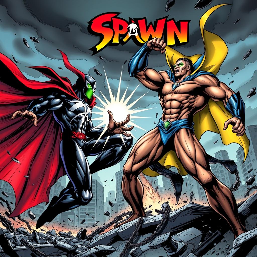 A dynamic comic book style illustration featuring a fierce battle between Spawn and a Viltrumite from the Invincible universe