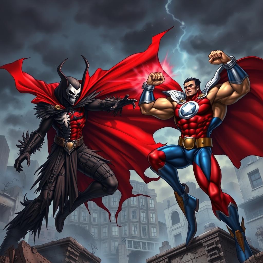 Epic Showdown: Spawn vs. Omni-Man in a Devastated Cityscape