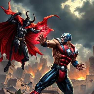 Epic Showdown: Spawn vs. Omni-Man in a Devastated Cityscape