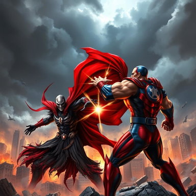 Epic Showdown: Spawn vs. Omni-Man in a Devastated Cityscape