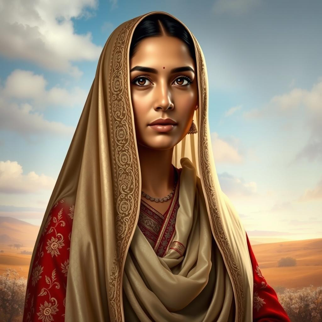 A portrait of Bala Khatun, a historical figure, elegantly dressed in traditional attire with intricate patterns