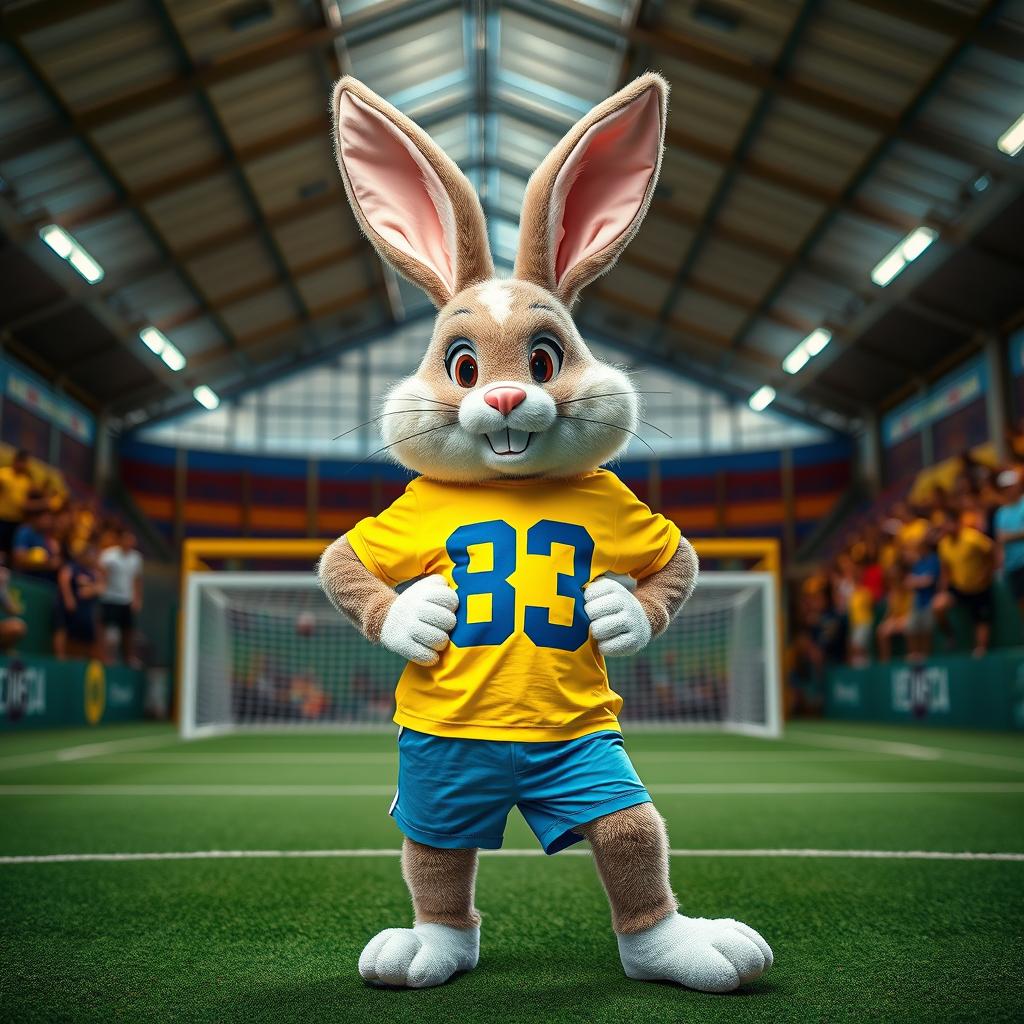 A realistic photomontage of a colorful Easter Bunny wearing a bright yellow t-shirt and blue shorts, featuring the number 83 on the shirt