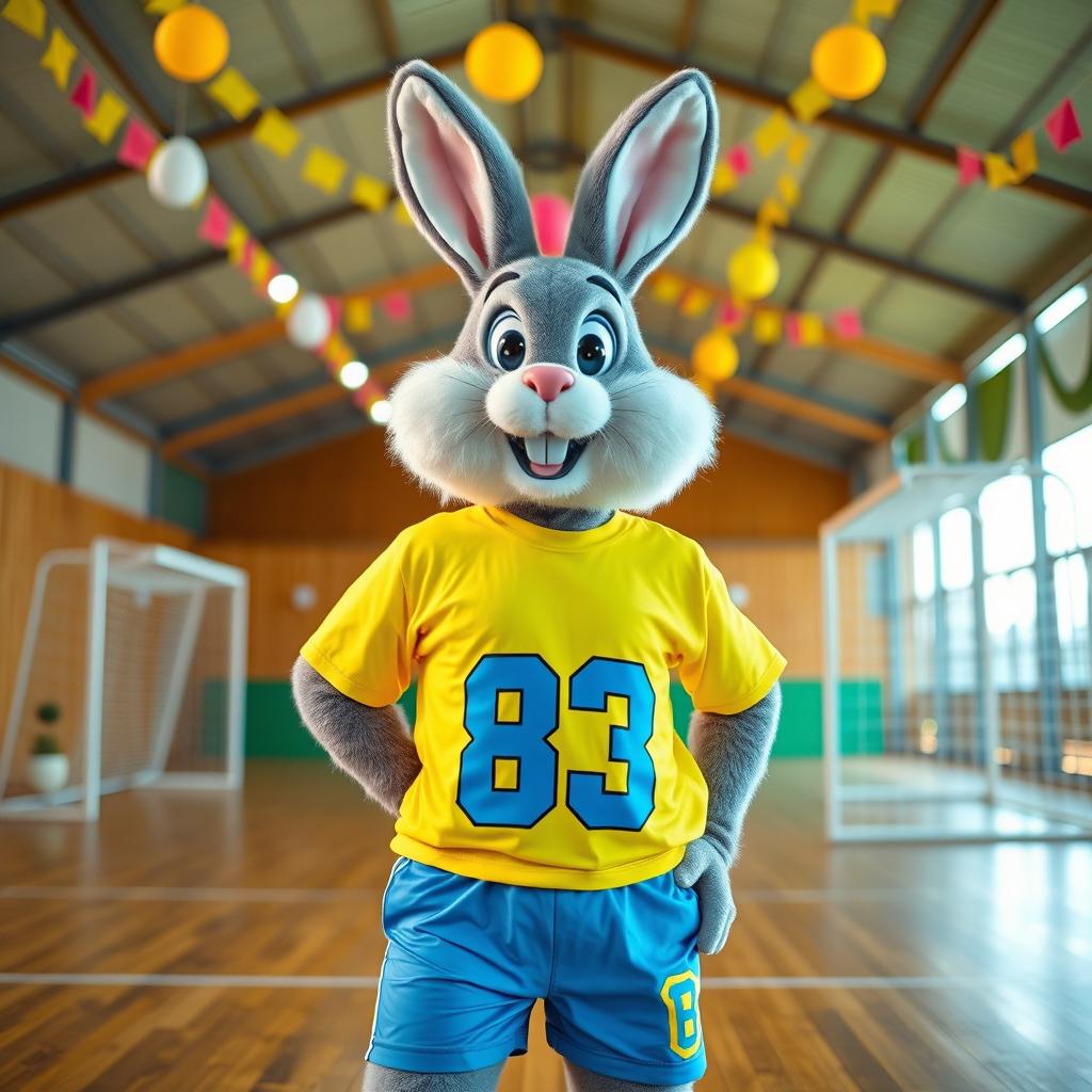 A realistic photomontage of the Easter Bunny wearing a bright yellow t-shirt and blue shorts with the number 83 on the shirt