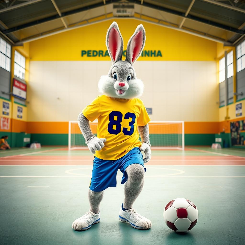A realistic photo montage of the Easter Bunny wearing a bright yellow t-shirt with the number 83 on it and blue shorts, standing inside a futsal hall named 'Pedra Mourinha'