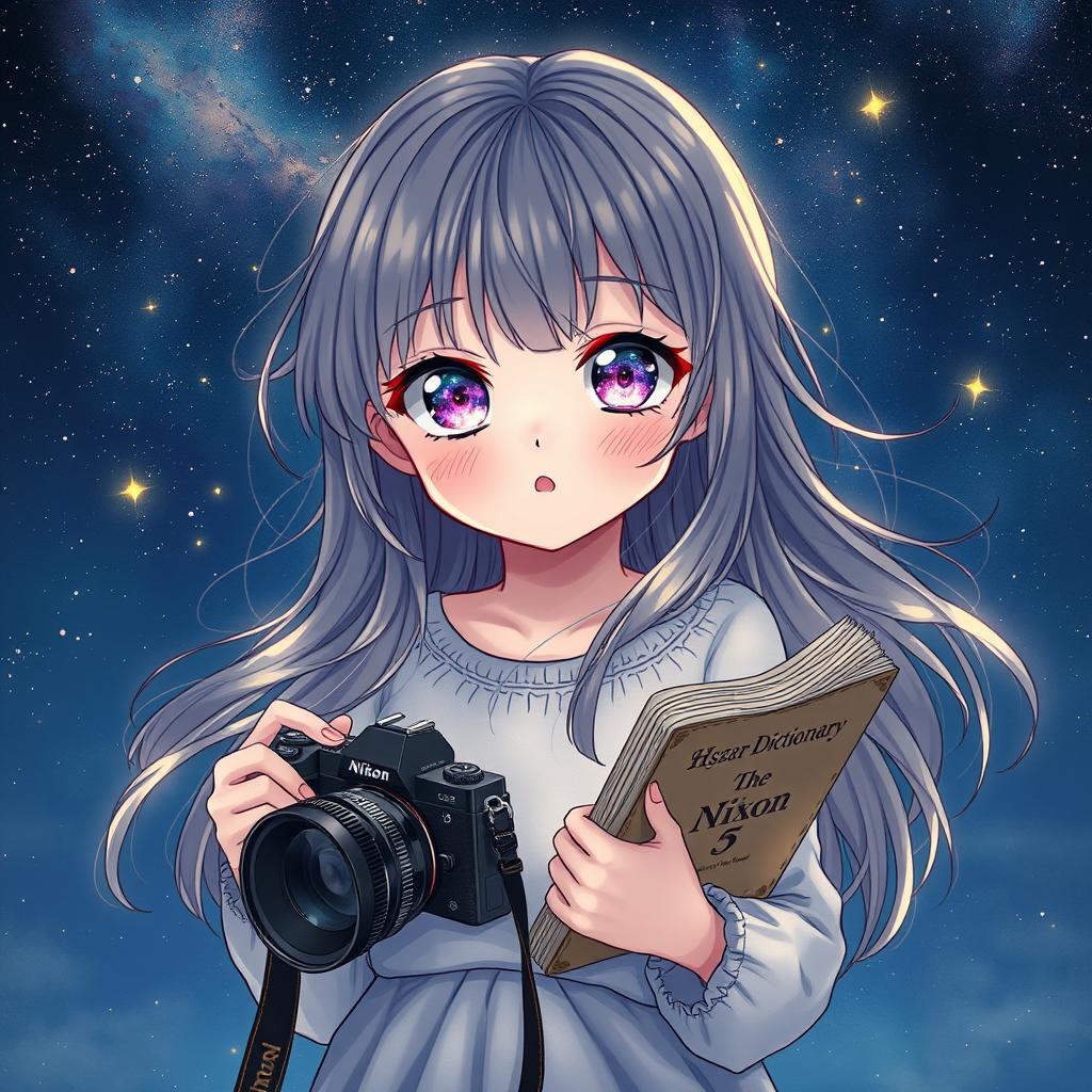 A mystical young girl with galaxy-filled eyes, standing under a starry night sky