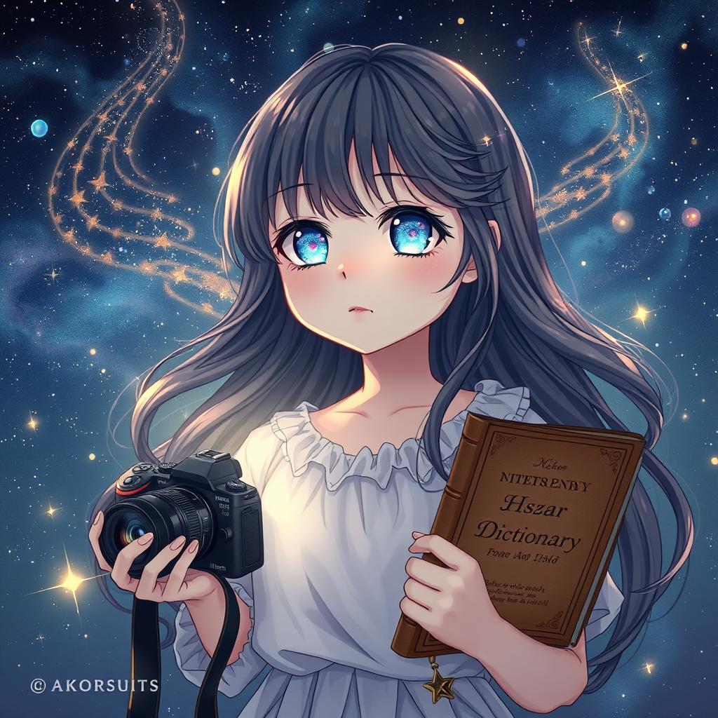 A mystical young girl with galaxy-filled eyes, standing under a starry night sky, her expression dreamy and enigmatic, embodying a 'child of dreams'