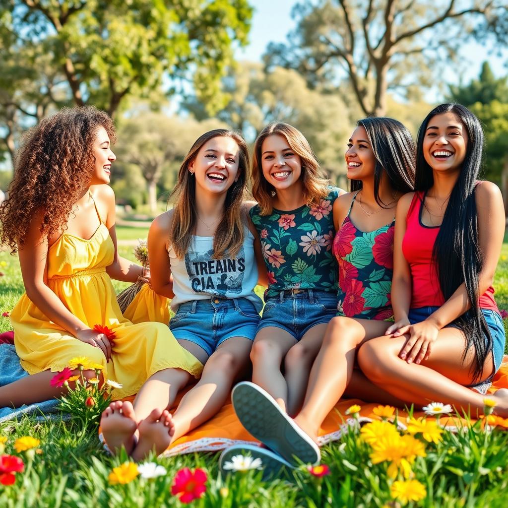 A vibrant, cheerful scene featuring a diverse group of four teenage girls hanging out together in a sunny park