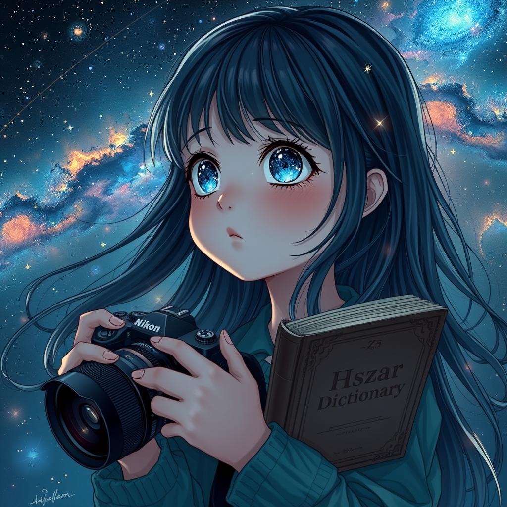 A mystical young girl with galaxy-filled eyes, gazing dreamily under a starry night sky