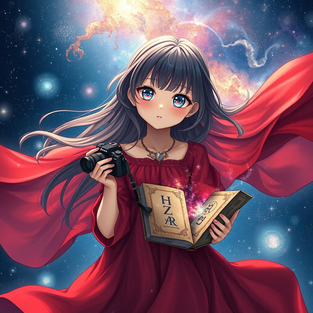 A mystical young girl with galaxy-filled eyes, wearing a flowing crimson red dress that blends into the cosmic night sky