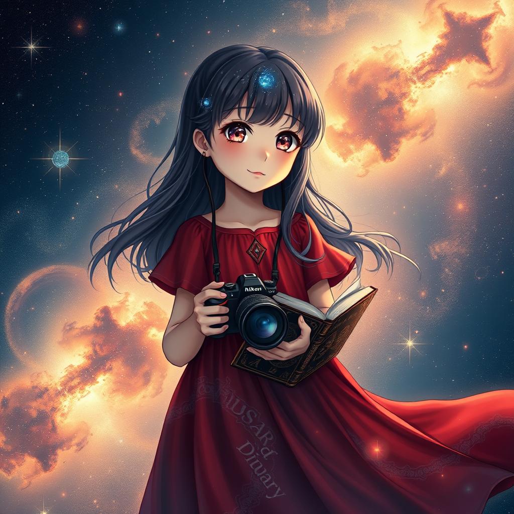 A mystical young girl with galaxy-filled eyes, wearing a flowing crimson red dress that seamlessly blends into the cosmic night sky