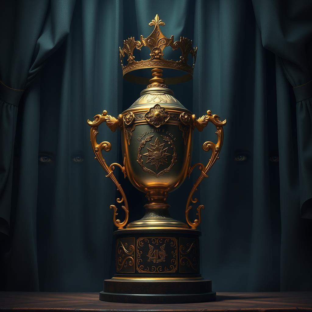 A beautifully detailed depiction of the Triwizard Tournament trophy, showcasing intricate designs and burnished gold accents