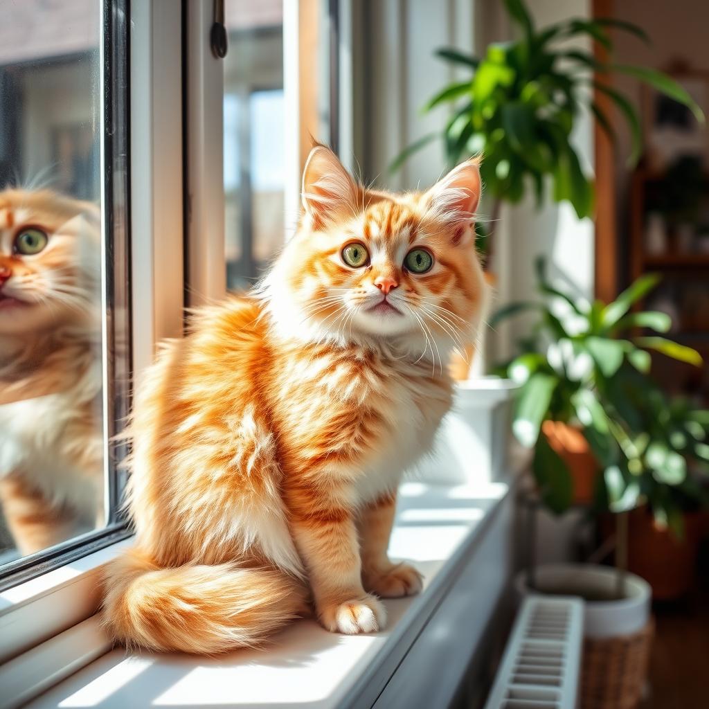A fluffy and playful cat sitting on a sunny windowsill, looking curiously outside with its big, vibrant green eyes