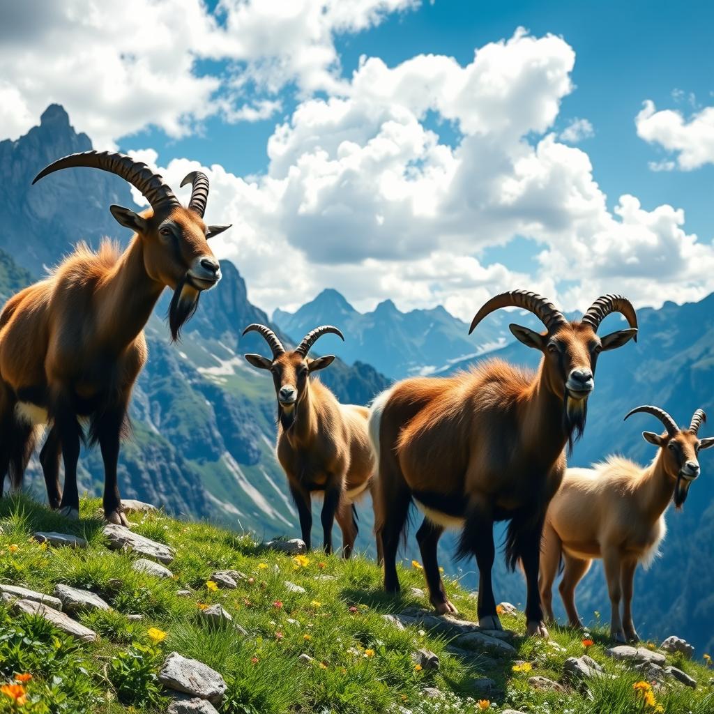 Four male goats standing majestically on a rocky mountainside, showcasing their impressive horns and rugged fur, surrounded by lush green grass and wildflowers