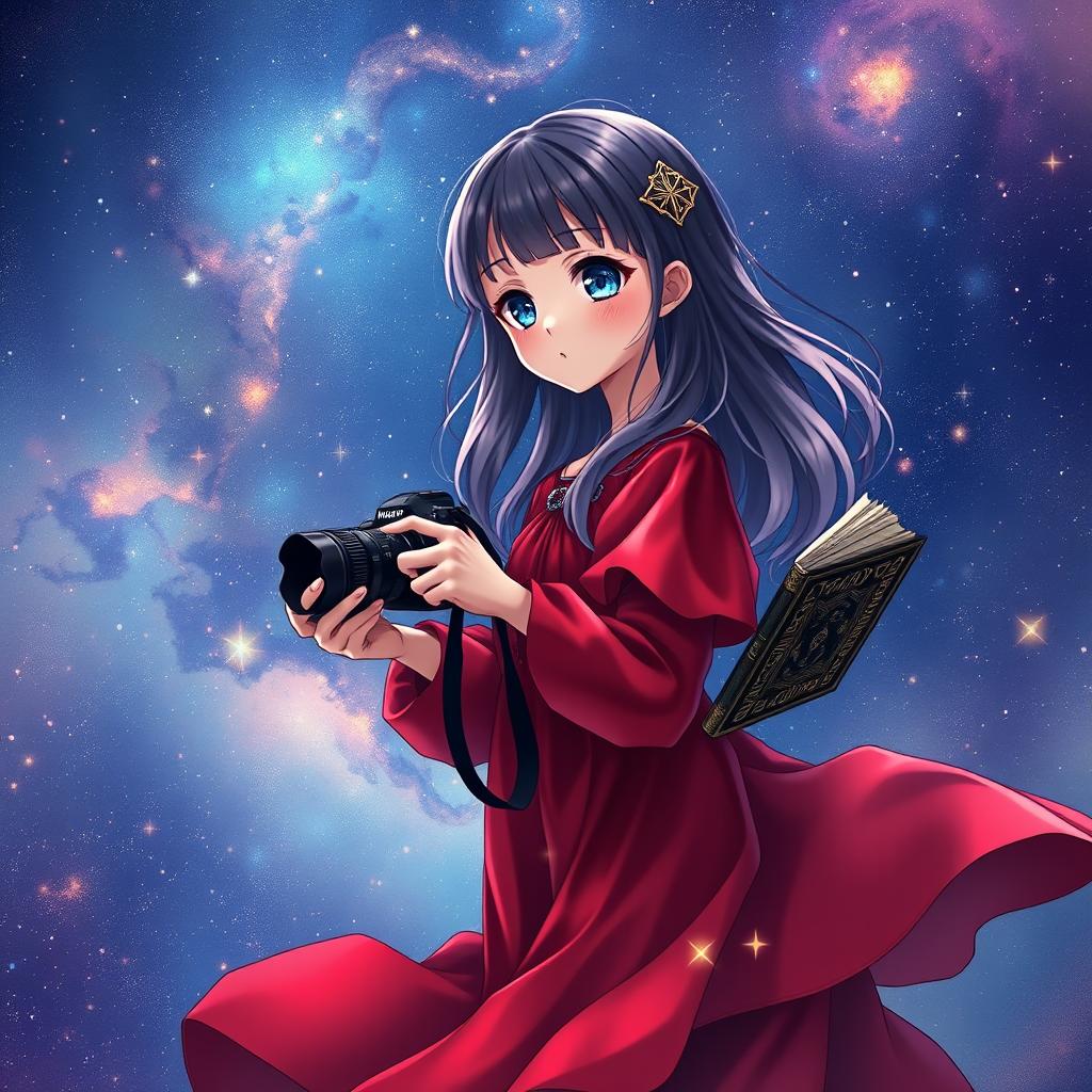 A mystical young girl with galaxy-filled eyes, wearing a flowing crimson red dress that blends beautifully into the cosmic night sky