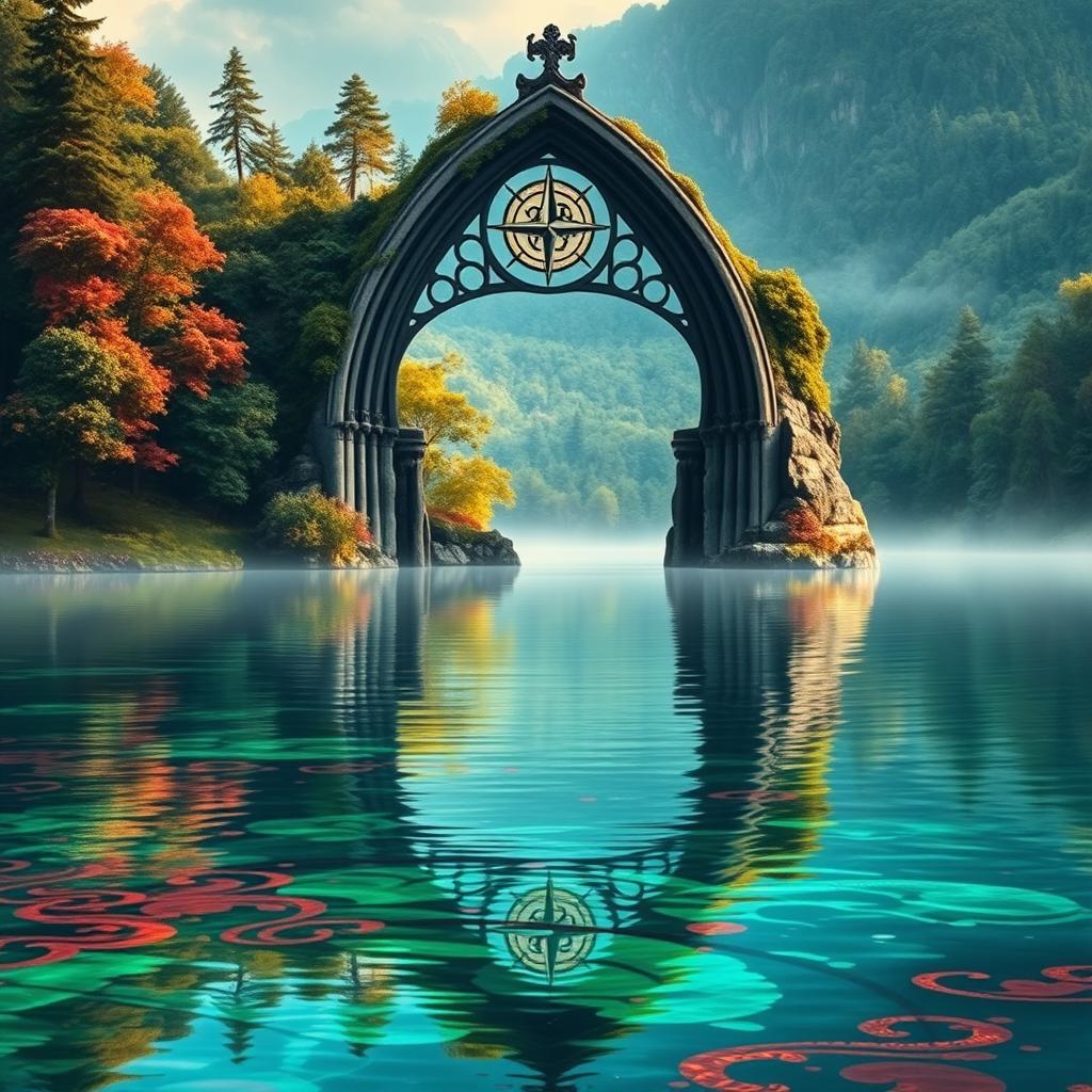 A beautiful lake with a stunning arch adorned with symbols related to Merlin
