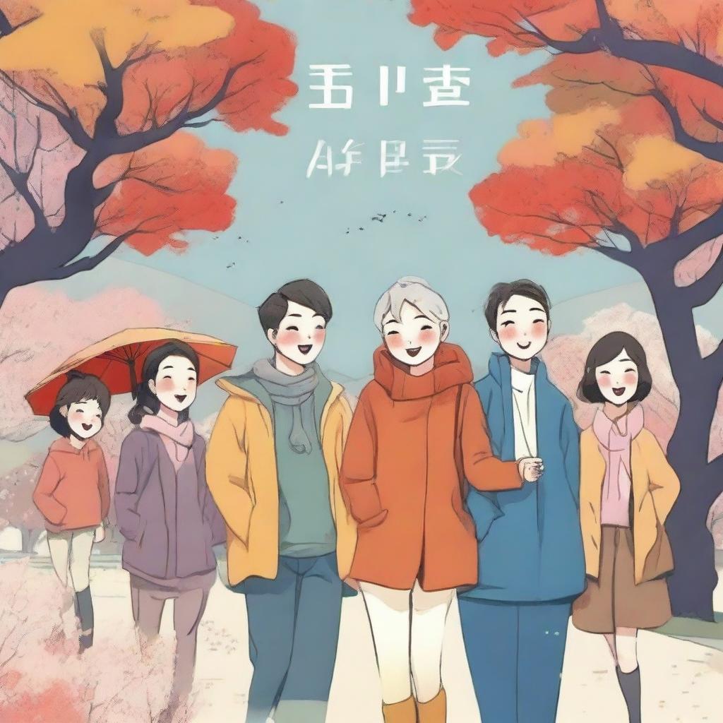 A high-quality Korean comic-style book cover art, showcasing a cheerful group of people engaged in lively conversations