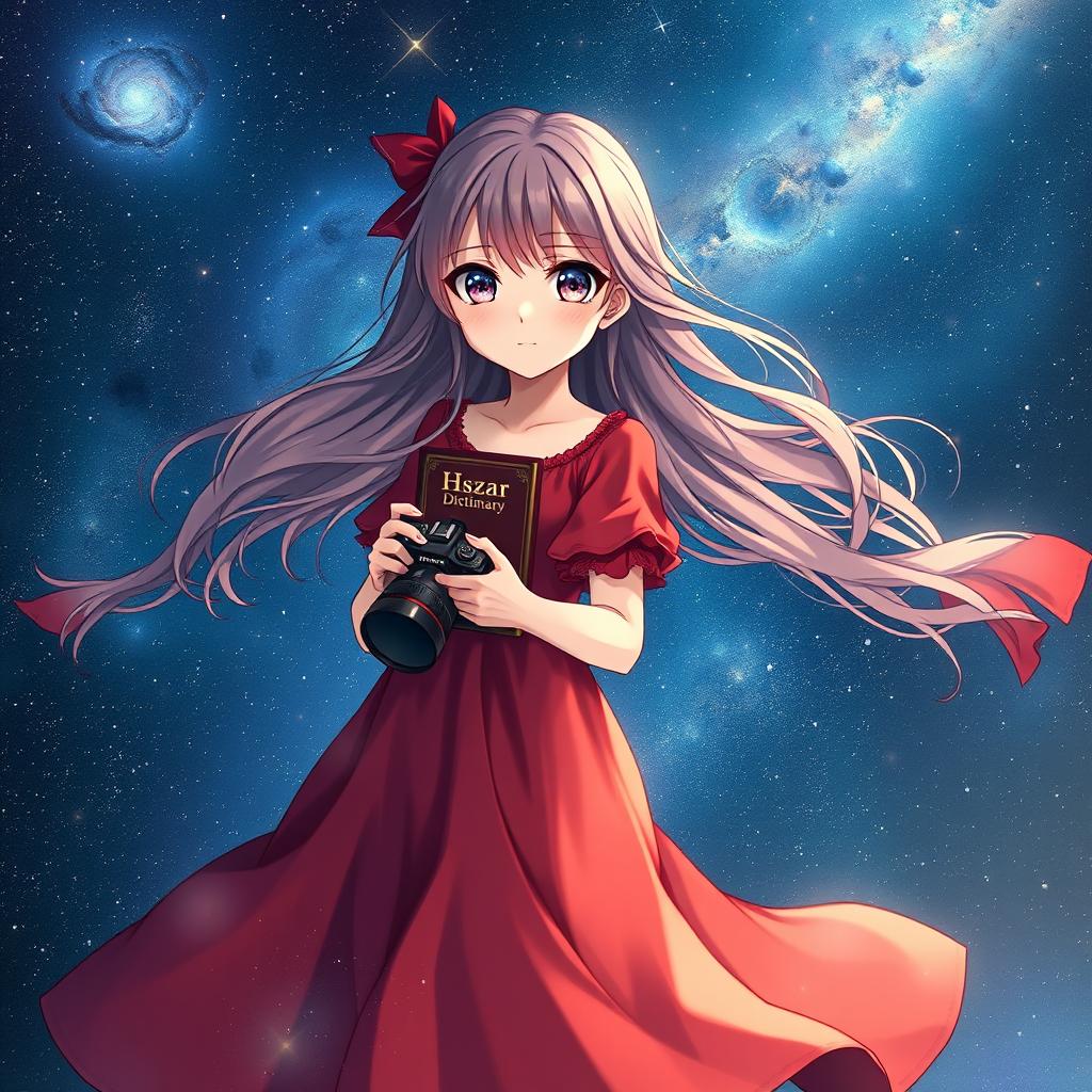 A mystical young girl with galaxy-filled eyes, wearing a flowing crimson red dress that seamlessly blends into the cosmic night sky