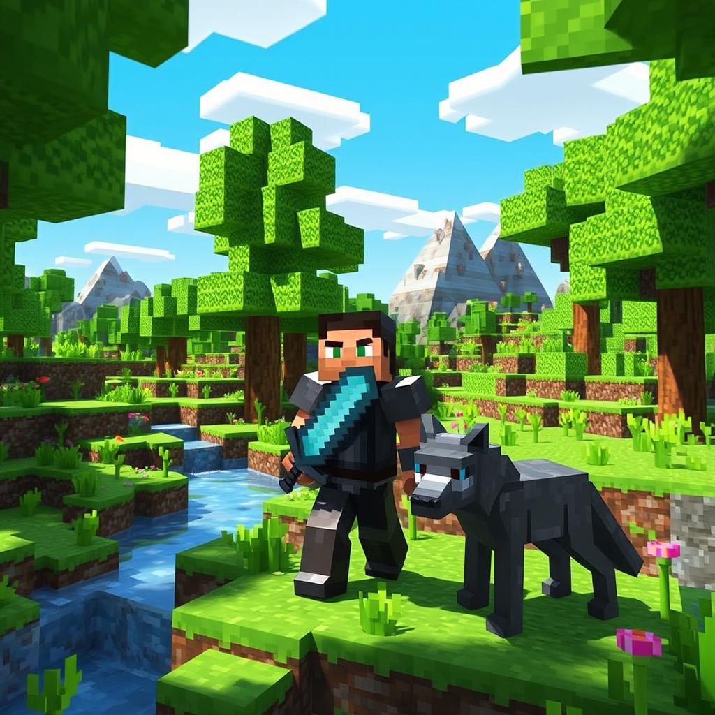 A vibrant scene inside the Minecraft universe, featuring lush green blocky trees, pixelated flowers, and a clear blue sky