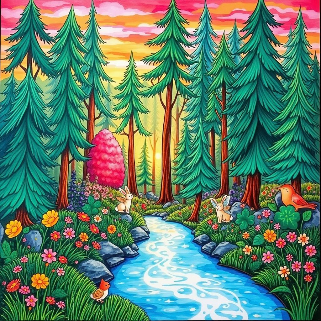 A hand-drawn poster featuring a vibrant and whimsical landscape, capturing the beauty of a magical forest filled with tall, lush trees and colorful flowers