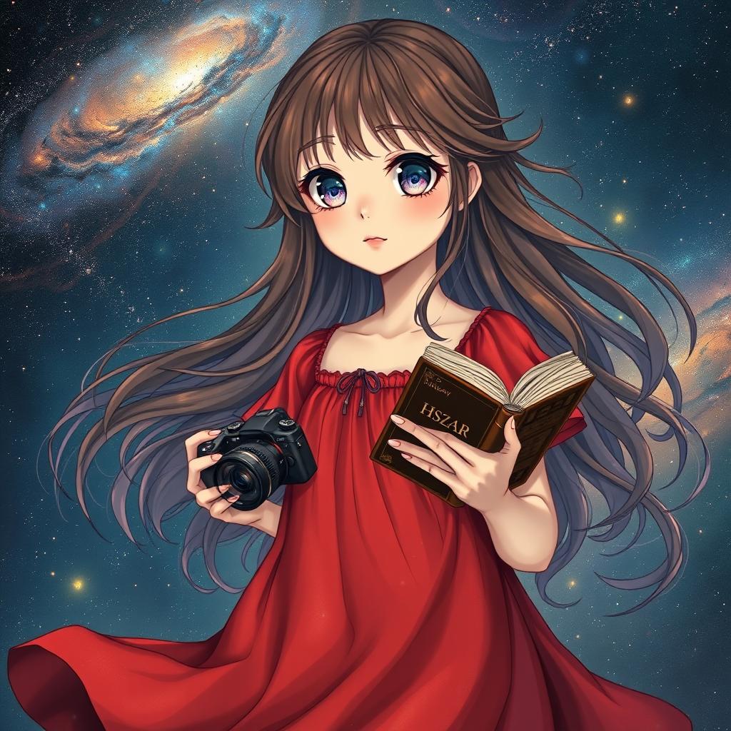 A mystical young girl with galaxy-filled eyes, wearing a flowing crimson red dress that blends into the cosmic night sky